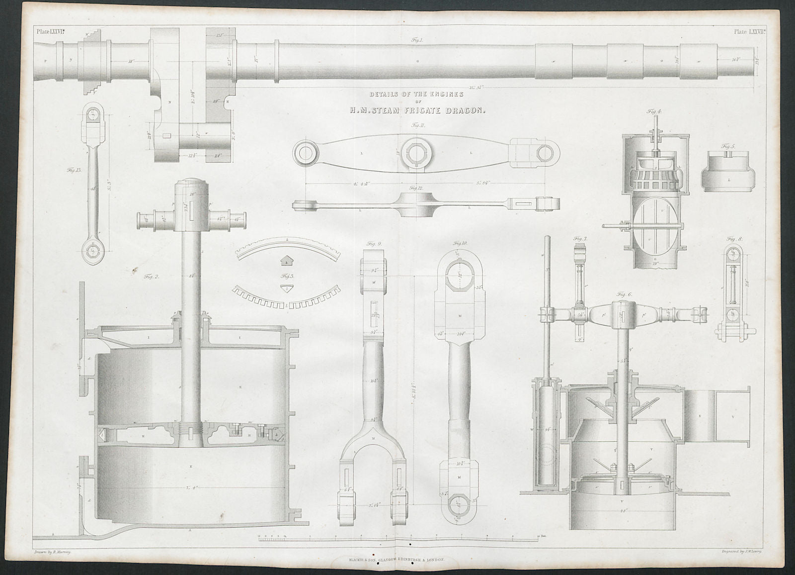 VICTORIAN ENGINEERING DRAWING HM Steam Frigate Dragon's engines detail 1847